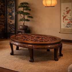 Heavily Carved Asian coffee Table w/ 6 Chairs – Solid Wood 