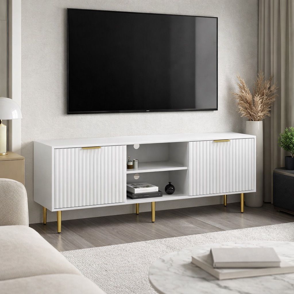 New TV Stand for Living Room Bedroom, Modern Fluted Waveform Doors TV Console with Sliding Doors & Adjustable Shelves, White New in box ST6- BLWDSG34