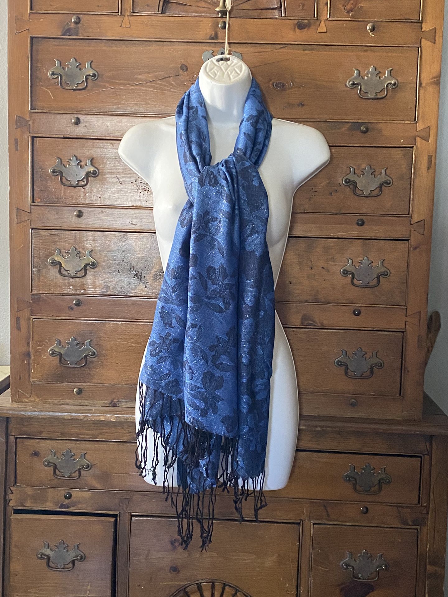 Woman’s Pashima Scarf Blue On Blue On Blue With Silver Threads Fringed Ends