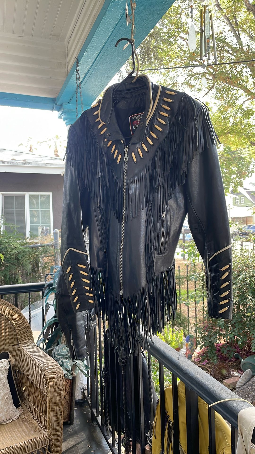 Fringe leather jacket with bone, beads size, large ladies