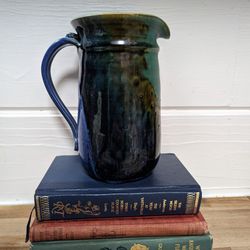 Vintage Peacock Colored Stoneware Pitcher 
