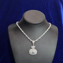 Silver Moissanite Money Bag Pendent With Chain 