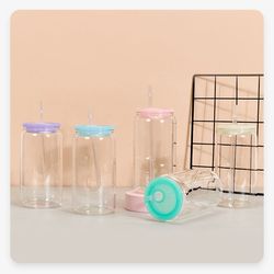 12oz SUBLIMATABLE CLEAR GLASS CAN TUMBLER W/ COLOR LID