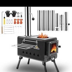 Black Wood Burning Tent Stove, 7 Section Stainless Steel Chimney