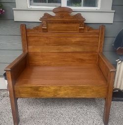 Antique Carved Oak Wood Headboard & Footboard Bench