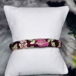 Peony Flowers, Dark Red Enamel Rose Gold Plated Alloy Bangle