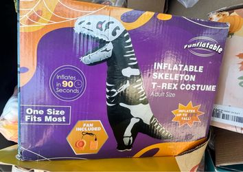 New Funflatable inflatable skeleton T-Rex costume is adult size and fits most. The black and white costume inflates up to 8 feet tall. It includes a f