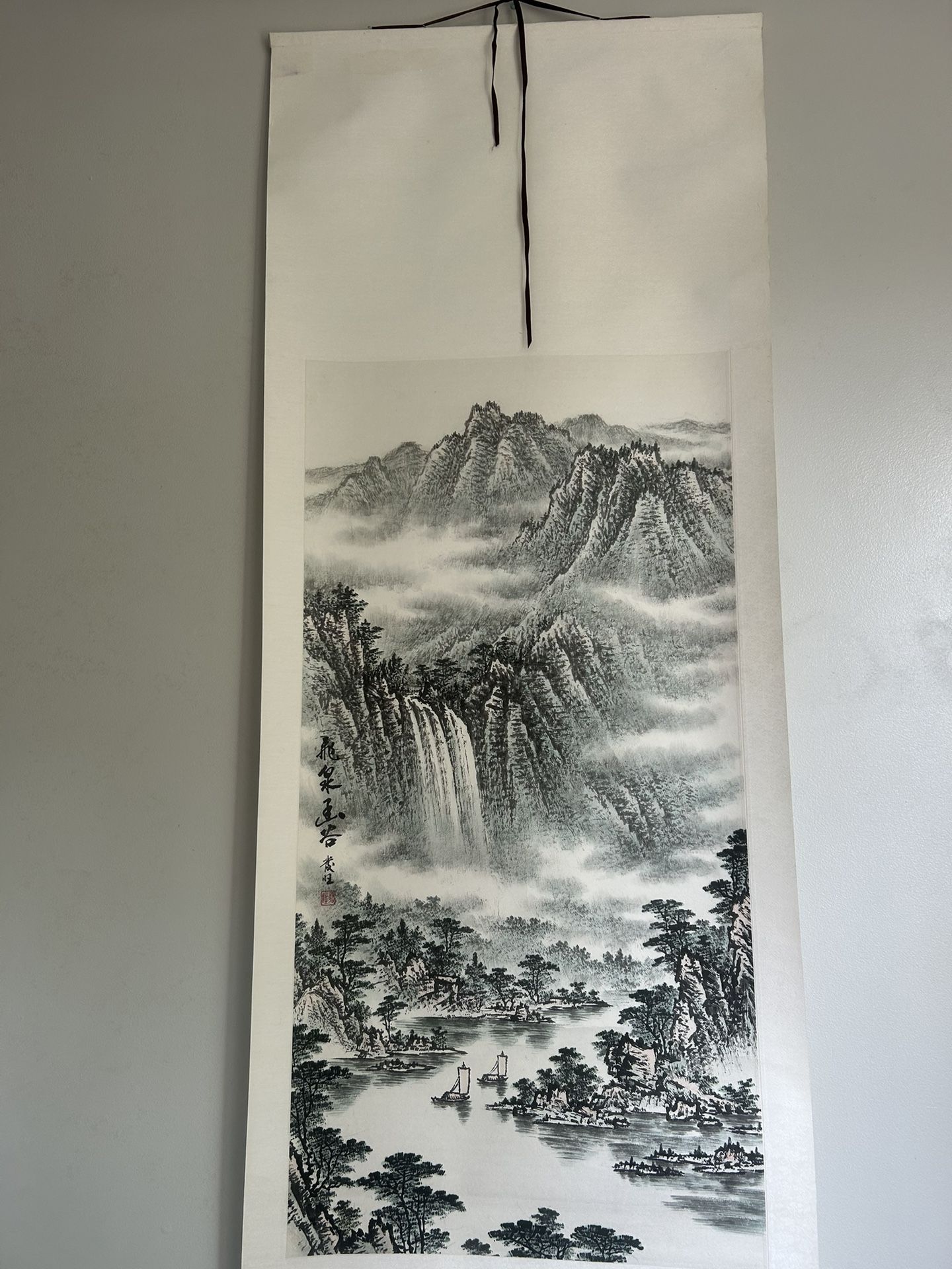 Vintage Chinese Landscape Hanging Scroll – Waterfall & Mountain Scene with Seal Mark