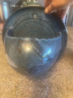 2004 blue pottery wall hanging planter, or birdbath