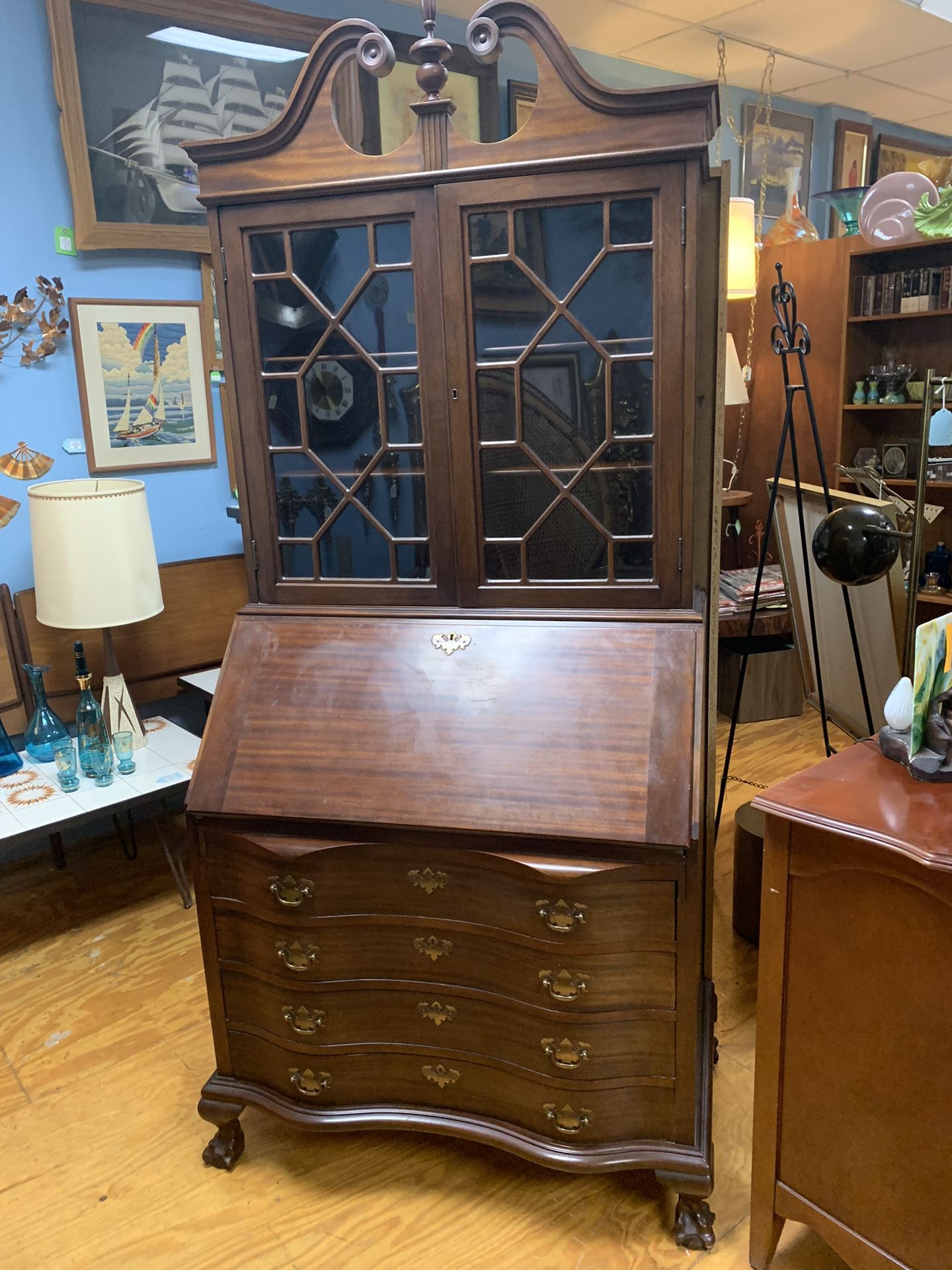 Vintage Mahogany Secretary Desk Curio Cabinet