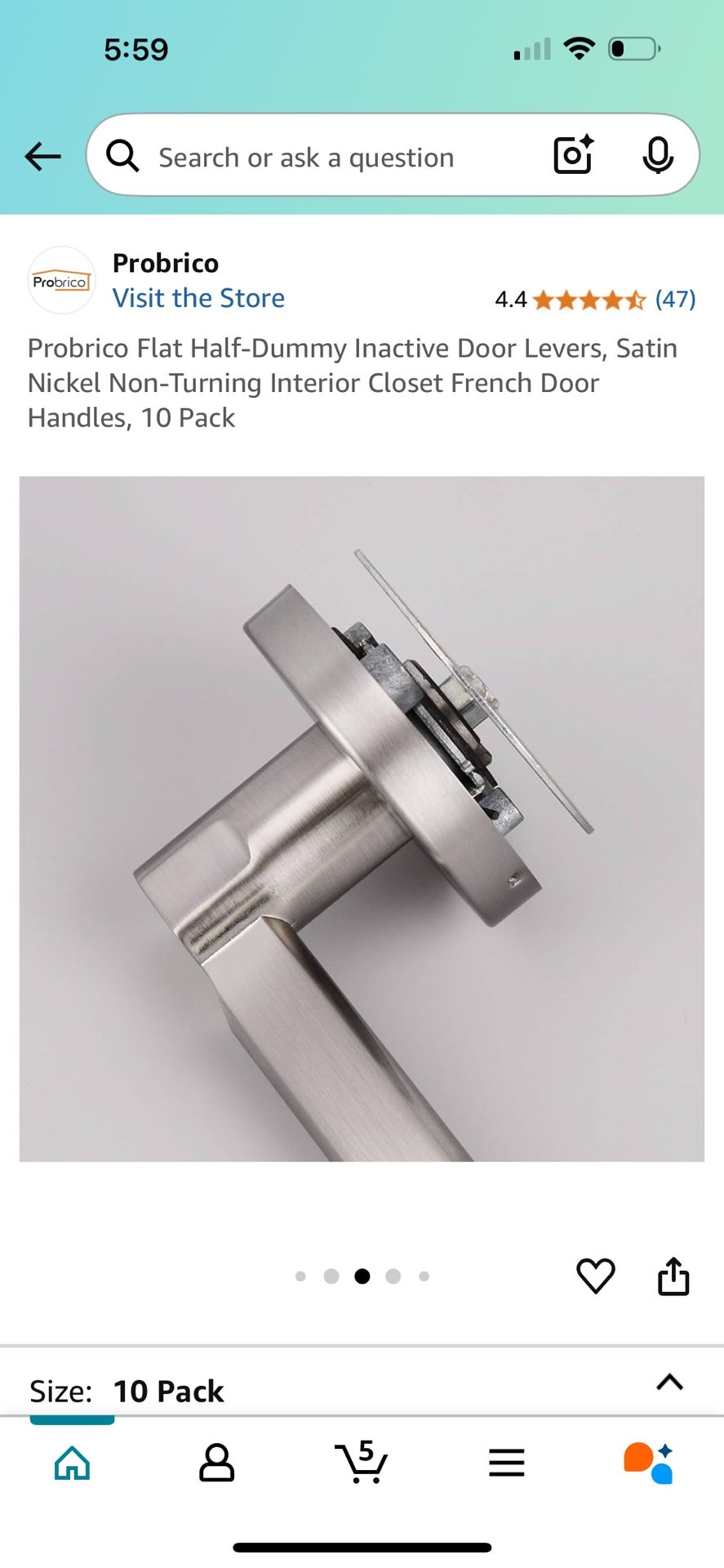 Probrico Flat Half-Dummy Inactive Door Levers, Satin Nickel Non-Turning Interior Closet French Door Handles, 10 Pack