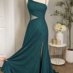 Emerald Green One-Shoulder Glitter Prom Dress – Size Small