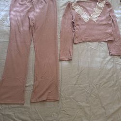 New Women's Pink Lace Trim Pajama Set size XL