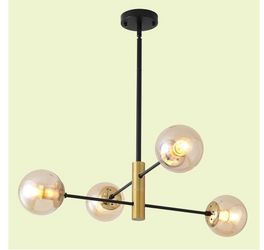 NEW! GOLD Modern 4-Light Pendant Chandelier with Amber Glass Globes in Black Sputnik Design