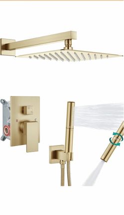 Aolemi Shower System with Rain Head and Handheld, 12-Inch, Brushed Gold High-Pressure Shower Faucet Set with Dual-Function Handheld,Rough-In Valve, 1.