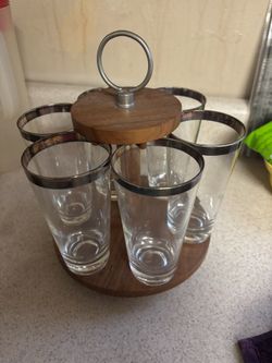 Mid Century Modern Platinum Rim Highball Glasses with Wooden Carrier