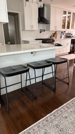 Set of 3 Black Wood  w/Metal Legs Counter Stools