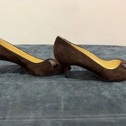 Sarah Flint Brown Suede & Snakeskin Bow Heel Pumps Size 11 US / 42 EUR