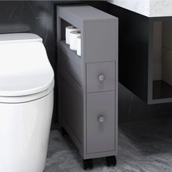 NEW! Space Saving Narrow Bathroom Storage Cabinet, Toilet Paper Holder with Drawers & Rolling, Gray