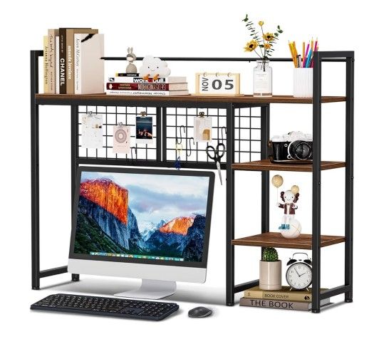 Snughome Desk Shelf, 38.6" Desktop Organizer Shelf, Desk Hutch for Computer Monitor, 4 Tier Desk Display Rack with Pegboard Hooks Set, Wood Desktop
