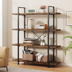 Heavy Duty 4-Tier Industrial Bookcase, 47" Wide Wood Bookshelf for Home Office, 120lbs Shelf Capacity, Rustic Open Shelving Display with Reinforced Ho