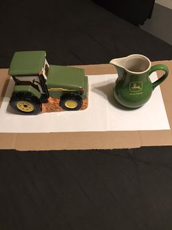 John Deere Combo: Tractor Cookie Jar & Heavy Large Milk Jug