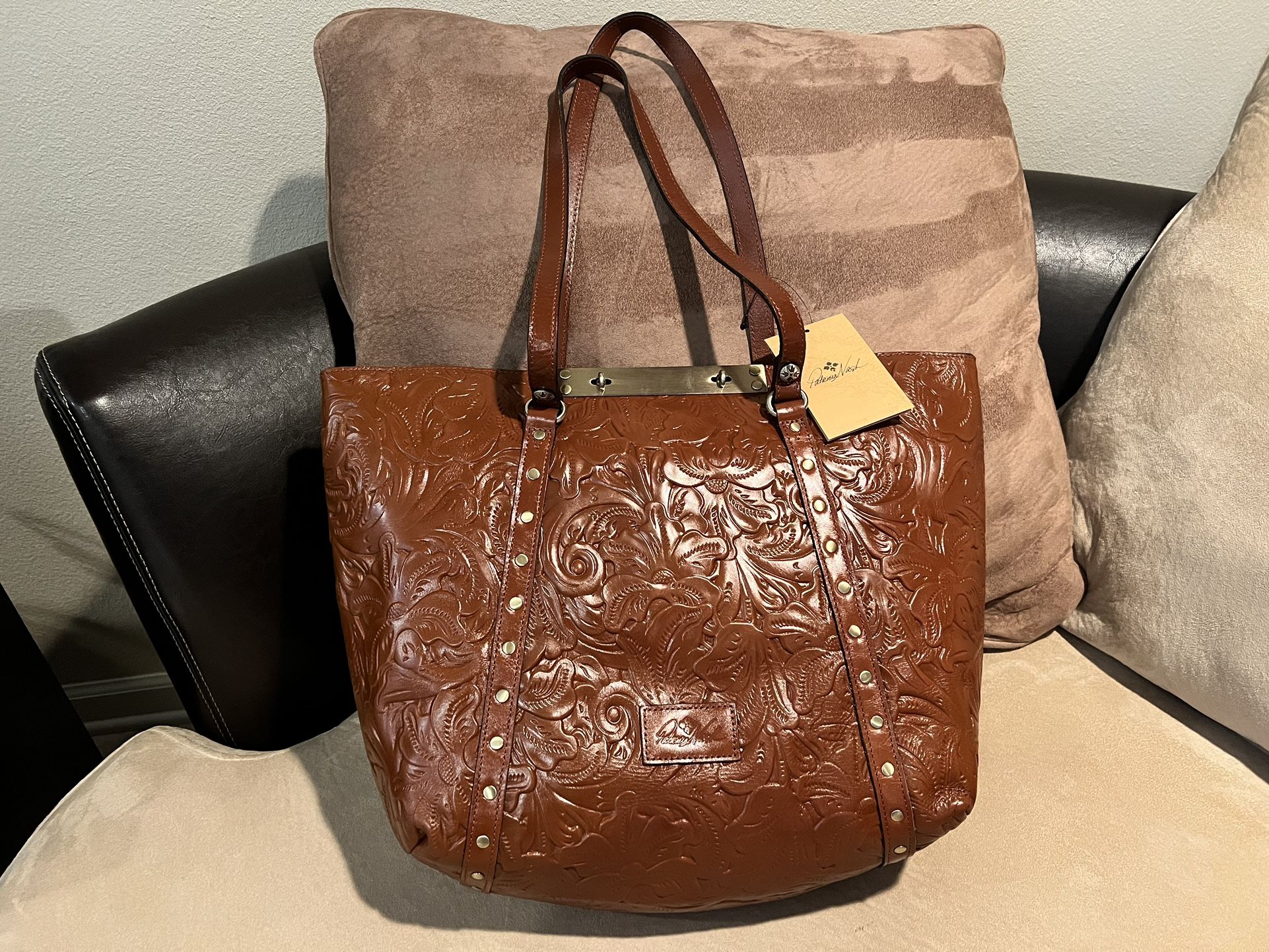 NWT Patricia Nash Tan Brown Tooled Leather Benvenuto Tote Handbag