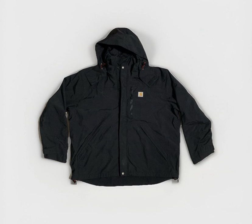 Xl Carthartt Men Black Storm Defender J162001 Waterproof Jacket Removable Hood Full Zip Pockets Rain jacket
