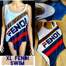 XL Fendi Mania One-Piece Swimsuit / bodysuit – Iconic, & in white, blue & red.