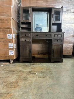 EnHomee Dresser Set with Mirror and Lights, Farmhouse Style Dressing Table with 5 Drawers and 2 Cabinets