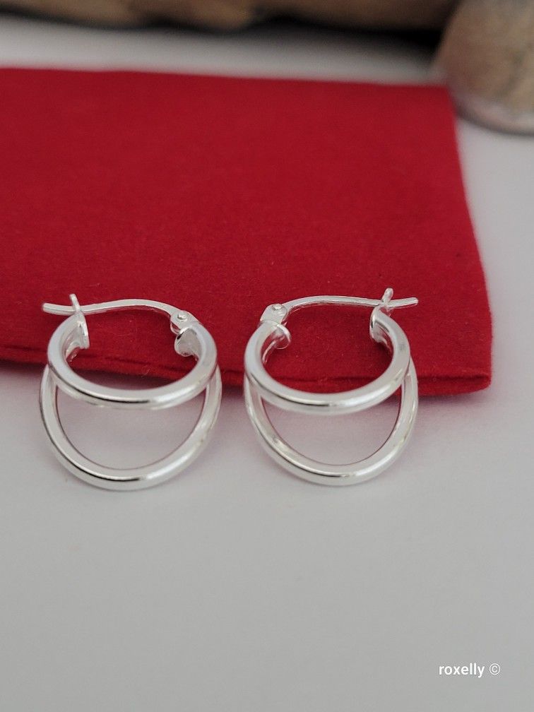 ❤️ Sterling Silver Double Oval Hoop Small Earrings - Post Tags Aritos De Plata Esterlina 925