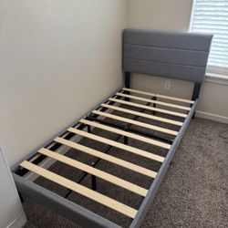 Twin Size Bed Frame with Soft Grey Headboard