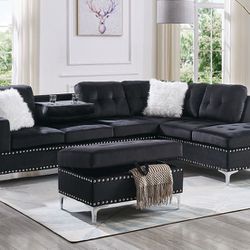BLACK, GREY OR BLUE VELVET SECTIONAL WITH OTTOMAN 