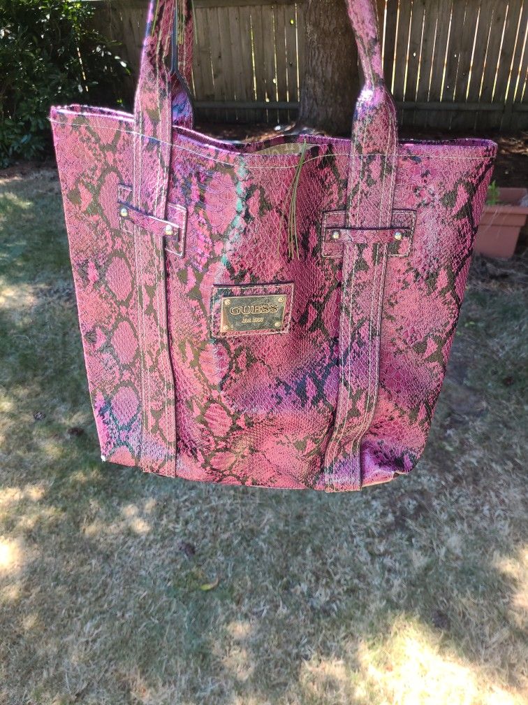 GUESS- Pink Snake Print Bag With Black Accents