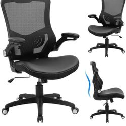 Office Chair Ergonomic Desk Chair, Computer PU Leather Home Office Chair, Swivel Mesh Back Adjustable Lumbar Support Flip-up Arms Executive Task Chair