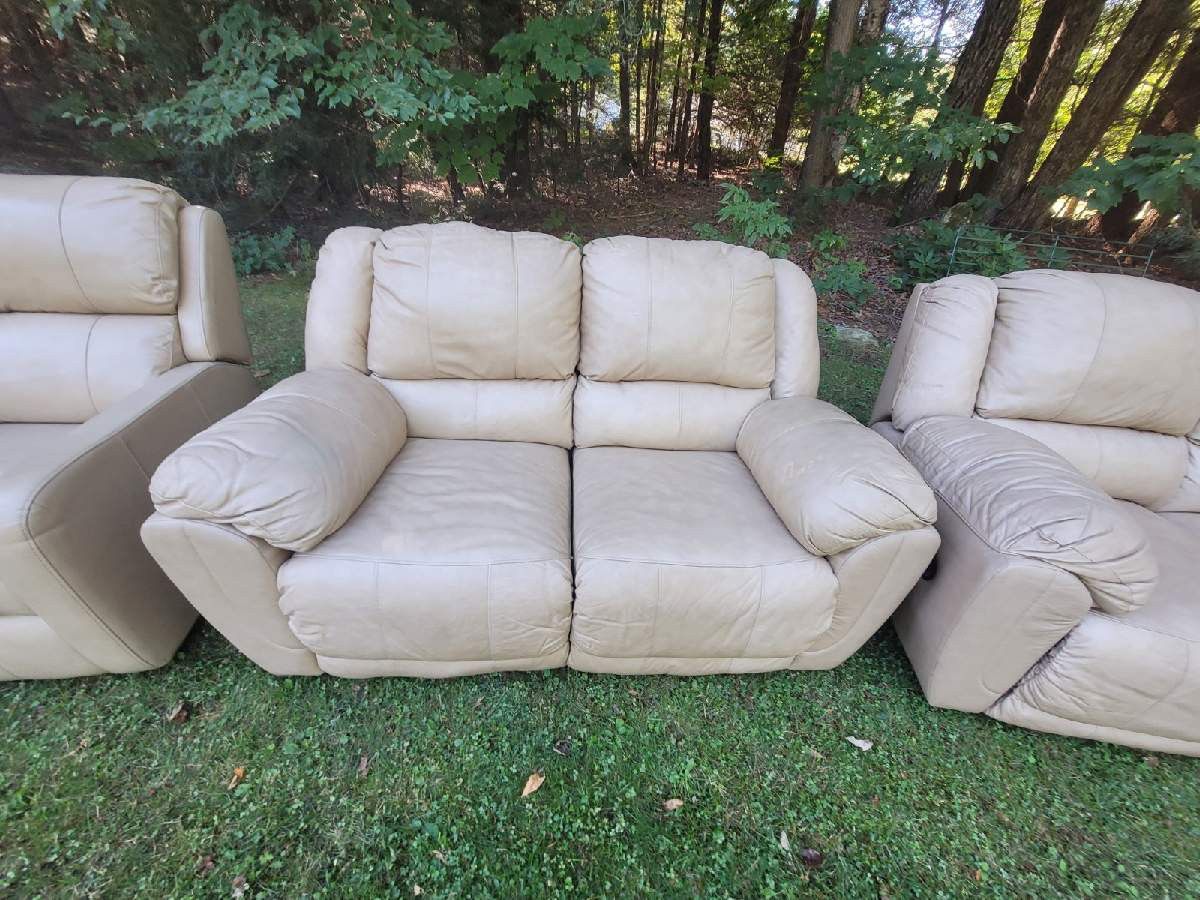 3pc Genuine Beige Leather Living Room Set With 1 Electric Recliner And 4 Manual