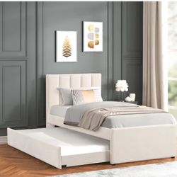 Beige Twin Platform Bed w/ Trundle 