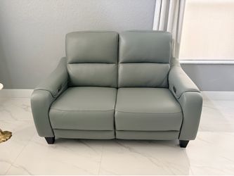 Light Blue Lthr/vinyl Power Reclining Sofa and Love Seat W/ Power Headrest