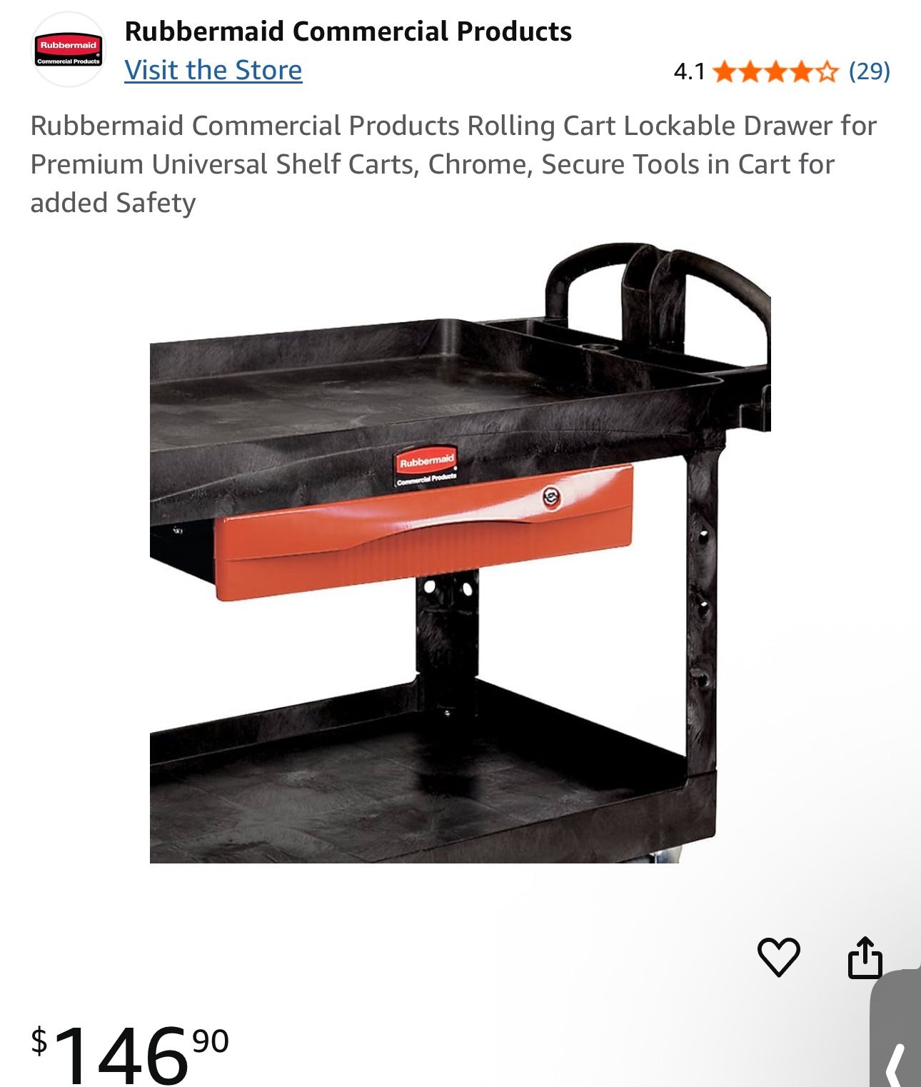 Rubbermaid Commercial Products Rolling Cart Lockable Drawer for Premium Carts