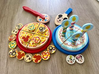 Melissa & Doug Mickey Mouse Wooden Pizza and Birthday Cake Set Play Food: Shapes, Creative Thinking, Skills