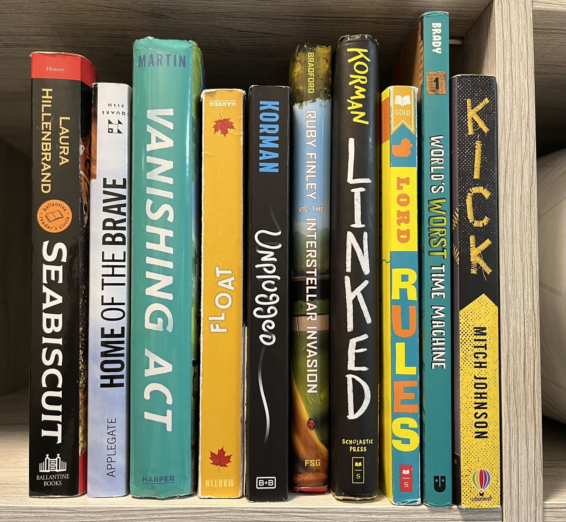 Late Elementary/Early Middle School Books Kicked, Linked, Float, Unplugged, Rules, Vanishing act, Seabiscut, Home of the brave, INTERSTELLAR INVASION,