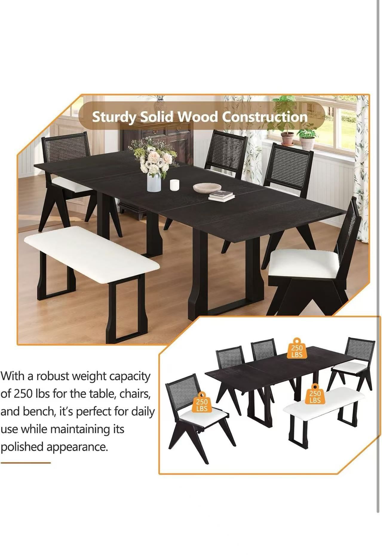🔥 On sale 🔥Extendable Dining Table Set for 6 Persons, 6-Piece Mid-Century Modern Dining Room Furniture Set with Rectangular Kitchen Table & Upholste