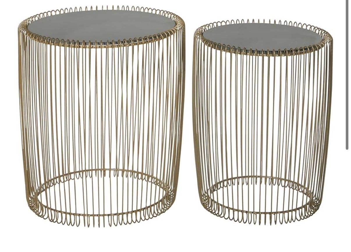 Set of 2 Gold Wire End Tables with Glass Tops – Modern Deco Style