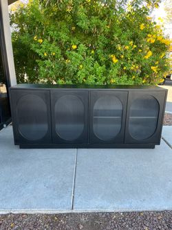 Large black wood 4 door tv stand / sideboard / server ( $10 delivery )