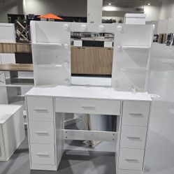 New Makeup Vanity with Mirror and Drawers Vanity Desk Set with 3 Modes Adjustable Brightness Lights and USB Power Outlet, White