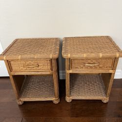 1970s vintage woven rattan, wicker end table nightstand with drawer