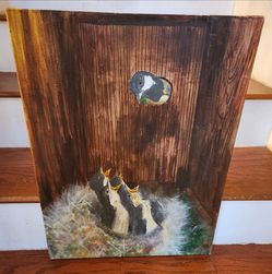 Original canvas painting of birds in nest being fed Swallows 25 x 18 inches baby bird