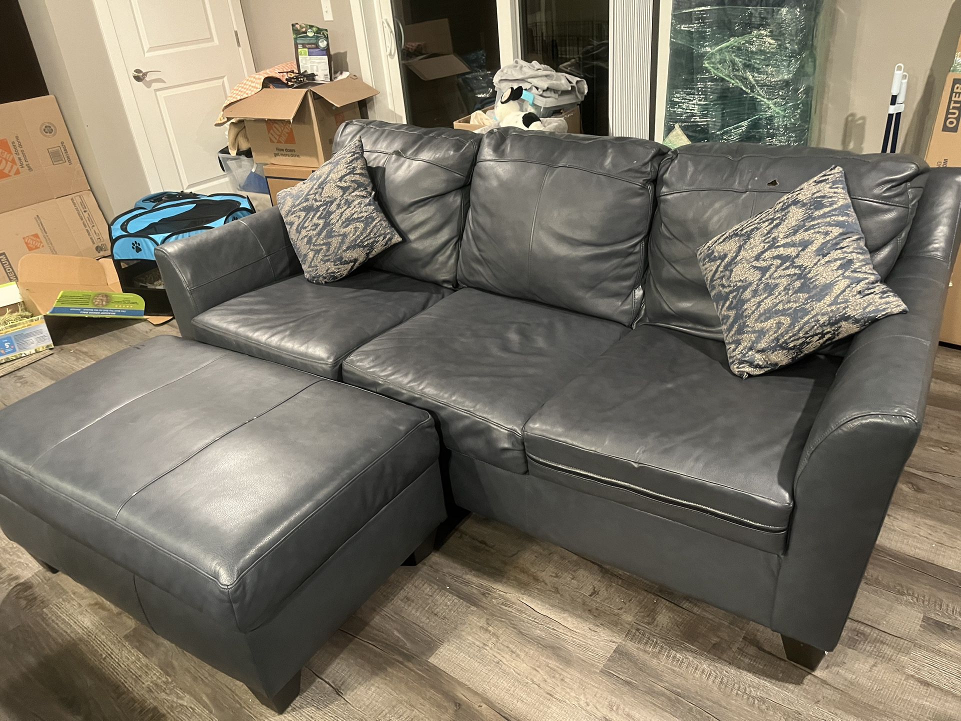 Blue/Grey Leather Couch/Sofa, Storage Ottoman, and Matching Pillows