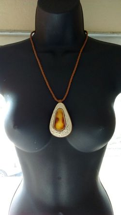 Leather amber amulet necklace