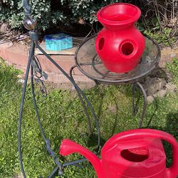 Great Garden and House Decoration Lot Bird Bath Strawberry Pot Watering And Red Hanging Plant 